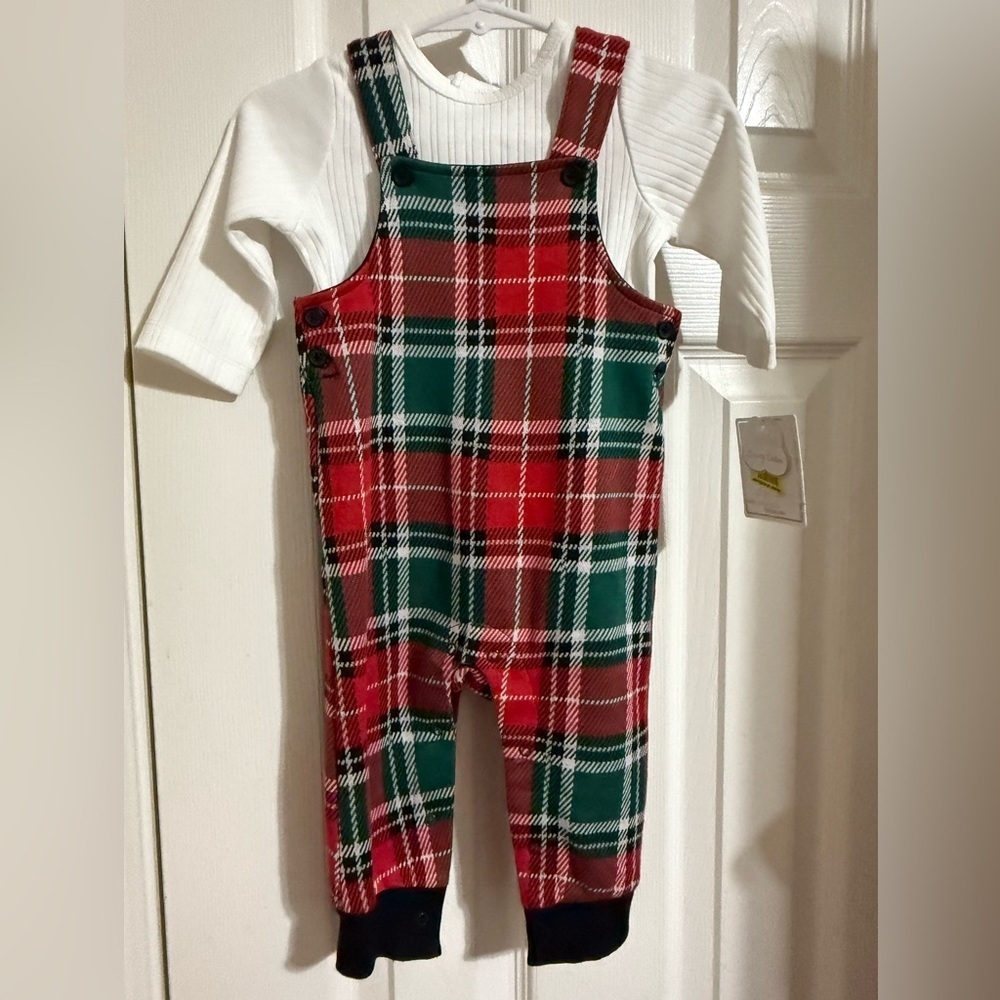 NWT Little Me Plaid Overalls Outfit